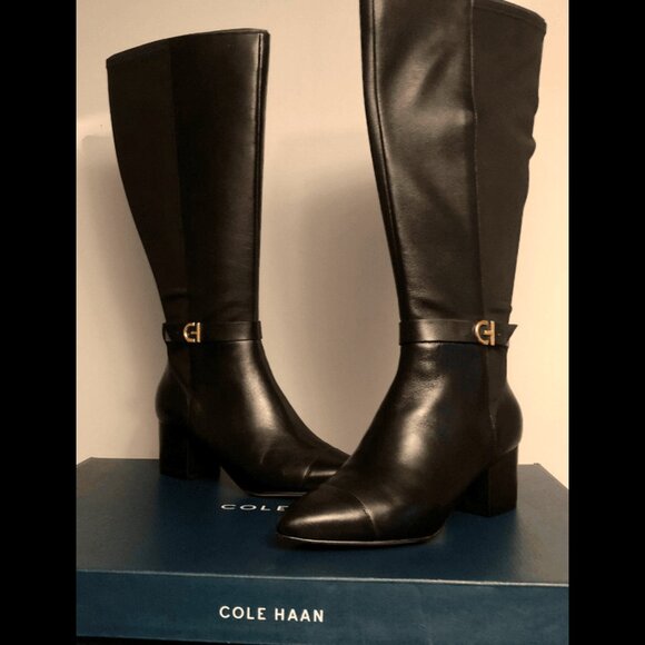 Cole Haan Elena Tall Boots 8B – Black Leather, Block Heel, Pointed Toe, Stretch - Picture 1 of 7